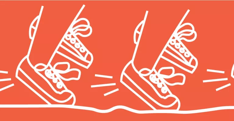 Line illustration in white of feet wearing running shoes and tapping the ground on a red background.