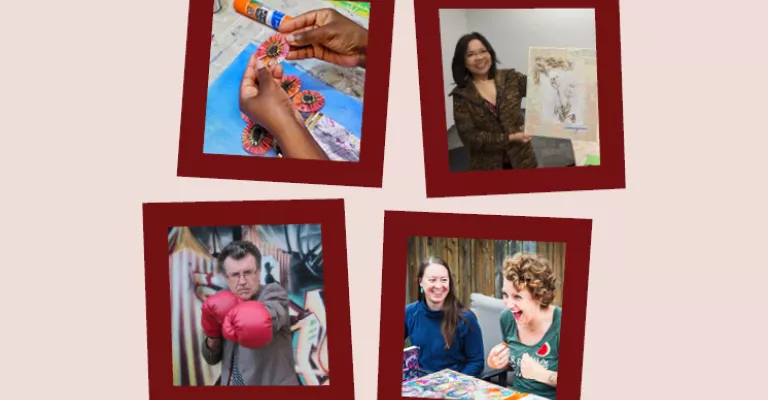 collage of 4 images showing adults engaging in creative activities