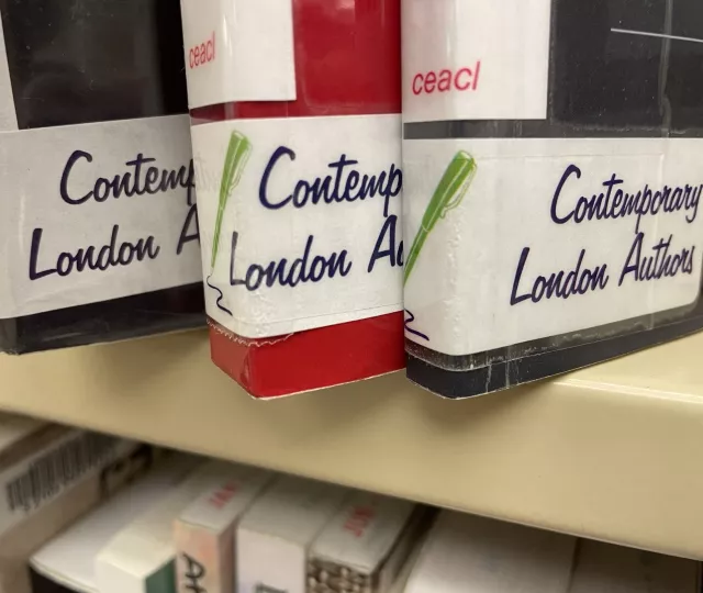 Photo of the spines of three paperback books each with a Contemporary London Authors sticker on their spine.