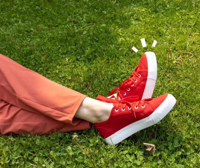 Photo showing someone from the knees down, lying on grass, with legs crossed and wearing red sneakers. Above the sneakers are white line illustrations.