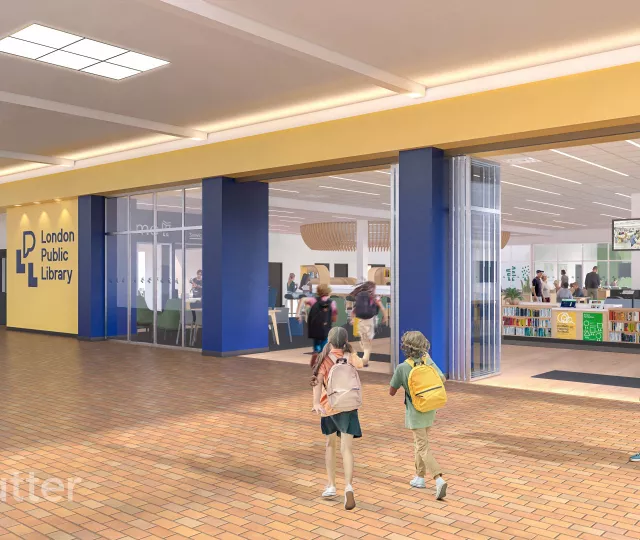 Illustrated rendering of new entrance to Sherwood Branch Library with adults and children entering library 