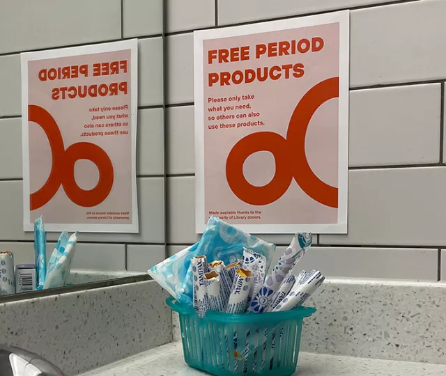 Free Period Products display in bathroom.