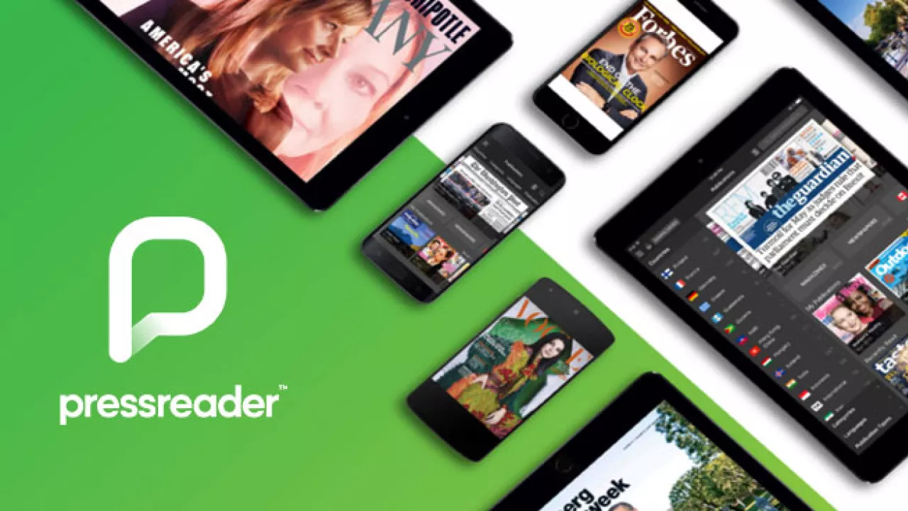 Graphic showing pressreader logo in white on green with photos of phones and tablets in the background