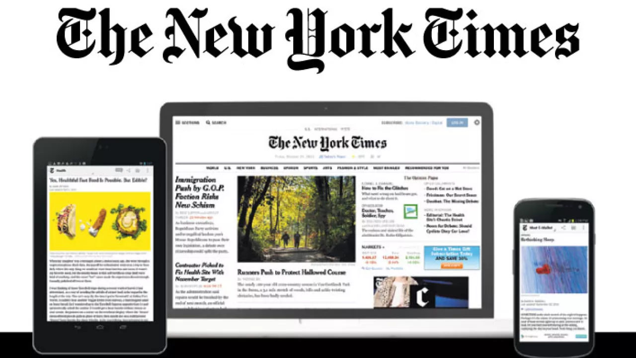 A photo collage showing a laptop, tablet and phone each displaying a page from the New York Times