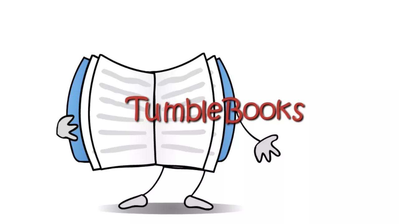 In background is illustration of an open book with arms and legs. In the front is the red TumbleBooks logon red