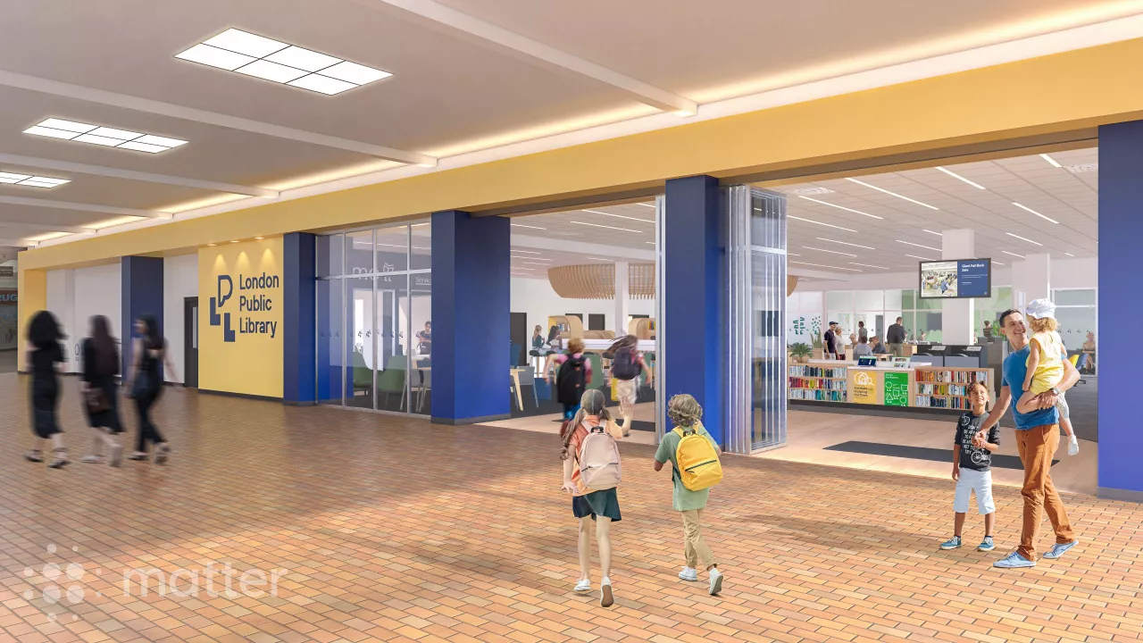 Illustrated rendering of new entrance to Sherwood Branch Library with adults and children entering library 