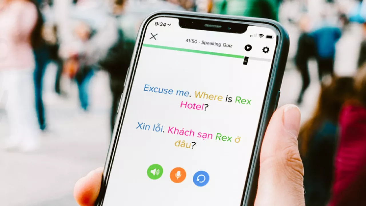 An iPhone loaded with the Mango Languages app