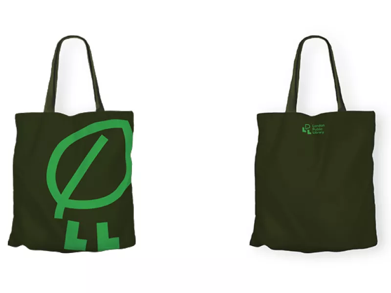 LPL Tote bag in dark green with a simple light green leaf character illustration on the front and small centered logo on the back