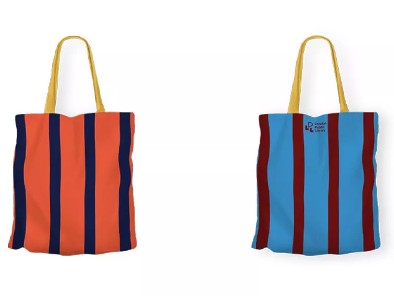 LPL Tote bag in multi-coloured stripes.  Orange and dark blue stripes on the front, light blue and dark red stripes on the back with a small centered logo