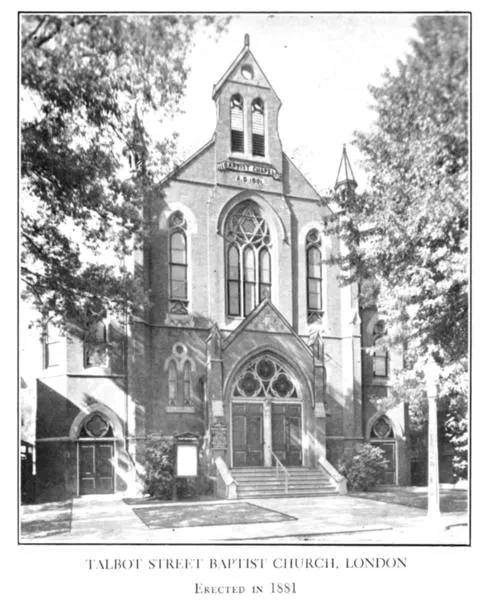 Black and white print of the exterior of the Talbot Street Church