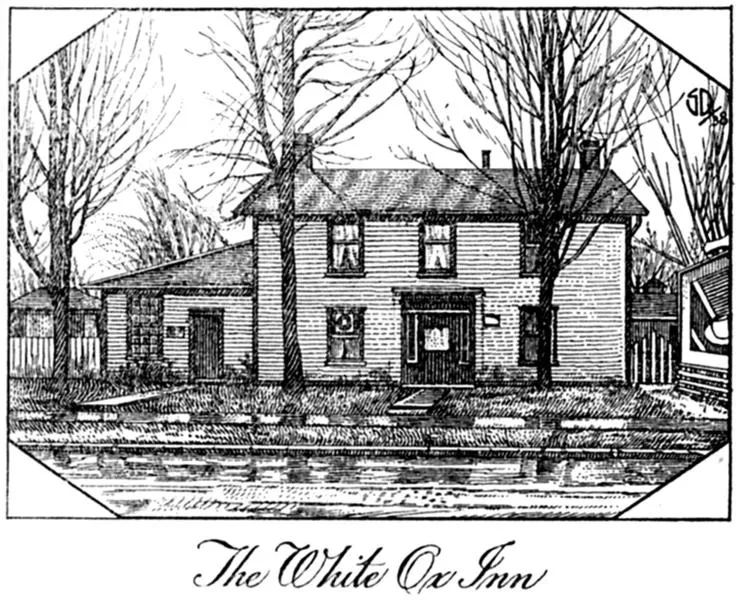 Black and white drawing of a The White Ox Inn