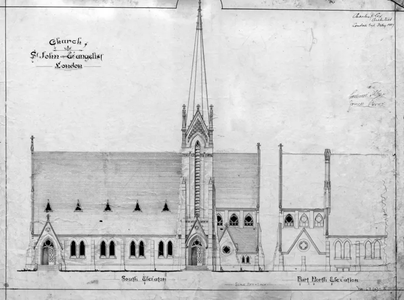 Black and white drawing of a church