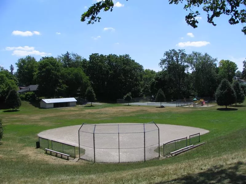 Doidge aprk from above, image of an empty baseball diamond on a bright summer day