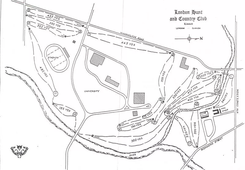 Black and white drawn map of the London Hunt and Country Club