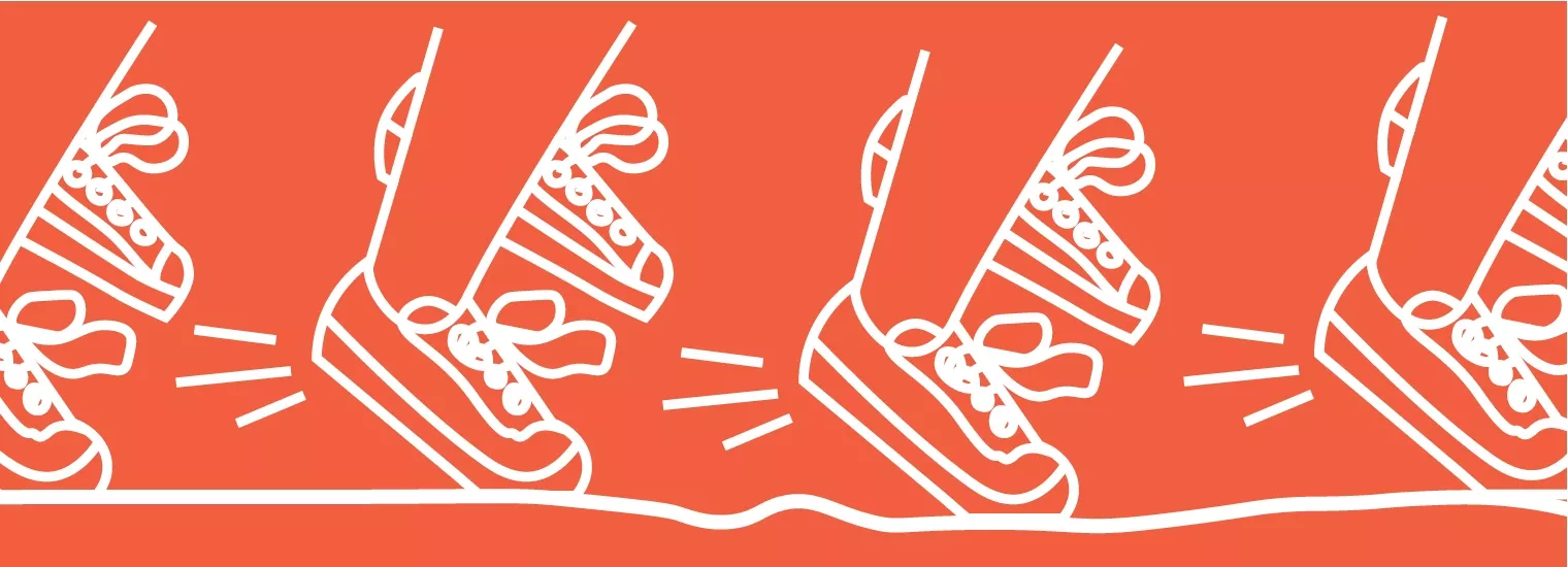 Line illustration in white of feet wearing running shoes and tapping the ground on a red background.
